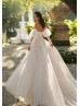 Beaded Lace Tulle Garden Wedding Dress With Detachable Sleeves